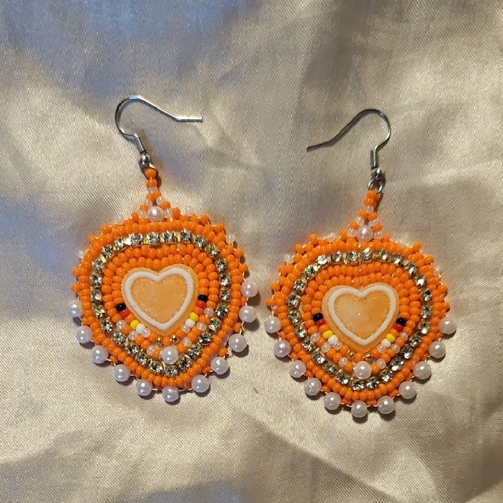 Vibrant Orange Beaded Heart Earrings